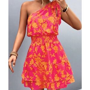 Floral One-Shoulder Pink Dress